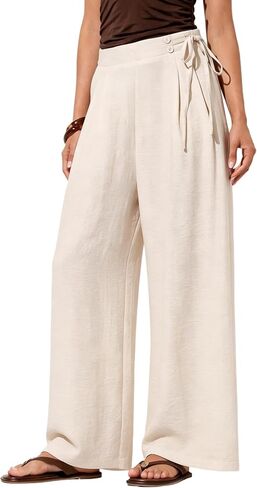 Majdan Women's Linen Blend Wide Leg Pants Summer Palazzo Pants Flowy Beach Trousers with Pockets in Saudi Arabia