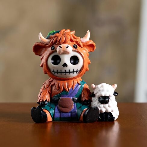 Furrybones Summit Collection Gifts Highland Cow Figurine, Decorative Skeleton in Orange Highland Cattle Costume with Sheep Companion, Cute Resin Collectible, Highland Cattle Home Decor 3.25" H in Saudi Arabia