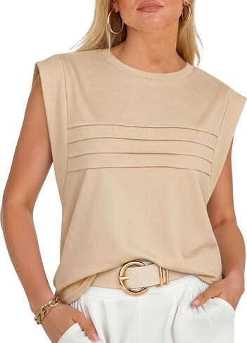 Cap Sleeve Tops for Women with Pleated Design - Sleeveless Top for Women Modest T Shirts for Women Business Casual in Saudi Arabia