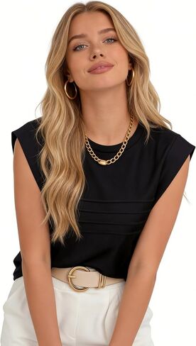 Cap Sleeve Tops for Women with Pleated Design - Sleeveless Top for Women Modest T Shirts for Women Business Casual in Saudi Arabia