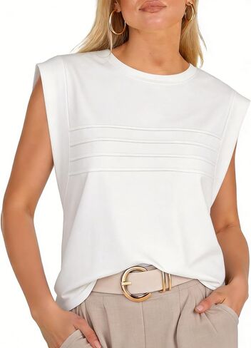 Cap Sleeve Tops for Women with Pleated Design - Sleeveless Top for Women Modest T Shirts for Women Business Casual in Saudi Arabia