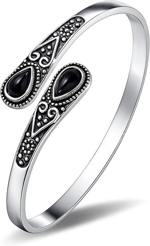 Vintage Silver Cuff Bracelet with Gem Stone, Opal Stones Bangle for Women, Black Onyx Adjustable bangle, Boho Fashion Jewelry Gift for Her in Saudi Arabia