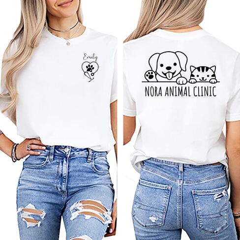 Custom Veterinary Clinic T-Shirt – Personalized Name Front & Vet Clinic Back – Vet Tech, Veterinarian Uniform Shirt, Animal Hospital Gift - Custom Vet Shirt Multi in Saudi Arabia