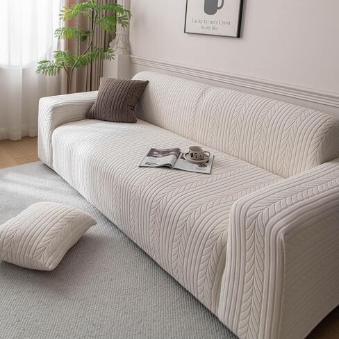 1 Piece Stretch Sofa Cover Washable Loveseat Couch Cover Solid Wheat Jacquard Sofa Slipcovers with Elastic Bottom Pet Friendly Furniture Protector(Medium, Beige) in Saudi Arabia