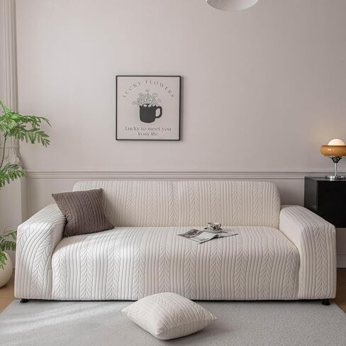 1 Piece Stretch Sofa Cover Washable Loveseat Couch Cover Solid Wheat Jacquard Sofa Slipcovers with Elastic Bottom Pet Friendly Furniture Protector(Medium, Beige) in Saudi Arabia