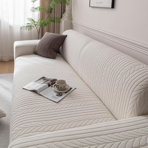 1 Piece Stretch Sofa Cover Washable Loveseat Couch Cover Solid Wheat Jacquard Sofa Slipcovers with Elastic Bottom Pet Friendly Furniture Protector(Medium, Beige) in Saudi Arabia