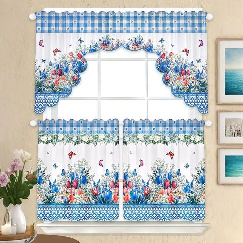 Floral Window Curtain, 3 Panels Spring Blue Flower Butterfly Window Treatment Drapes Tier with Valance, Short Curtain for Bedroom Living Room Holiday Window Decor, 31.5 x 27.5 Inch in Kuwait
