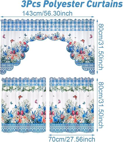 Floral Window Curtain, 3 Panels Spring Blue Flower Butterfly Window Treatment Drapes Tier with Valance, Short Curtain for Bedroom Living Room Holiday Window Decor, 31.5 x 27.5 Inch in Kuwait