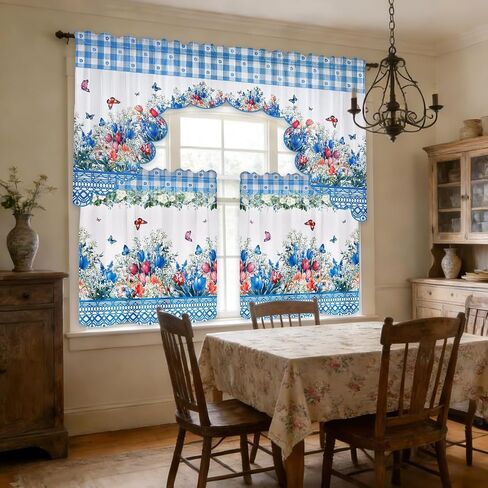 Floral Window Curtain, 3 Panels Spring Blue Flower Butterfly Window Treatment Drapes Tier with Valance, Short Curtain for Bedroom Living Room Holiday Window Decor, 31.5 x 27.5 Inch in Kuwait