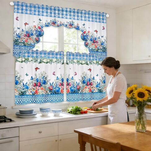Floral Window Curtain, 3 Panels Spring Blue Flower Butterfly Window Treatment Drapes Tier with Valance, Short Curtain for Bedroom Living Room Holiday Window Decor, 31.5 x 27.5 Inch in Kuwait