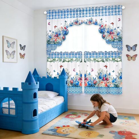 Floral Window Curtain, 3 Panels Spring Blue Flower Butterfly Window Treatment Drapes Tier with Valance, Short Curtain for Bedroom Living Room Holiday Window Decor, 31.5 x 27.5 Inch in Kuwait