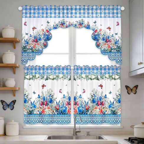 Floral Window Curtain, 3 Panels Spring Blue Flower Butterfly Window Treatment Drapes Tier with Valance, Short Curtain for Bedroom Living Room Holiday Window Decor, 31.5 x 27.5 Inch in Kuwait