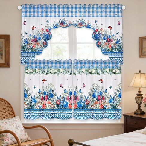 Floral Window Curtain, 3 Panels Spring Blue Flower Butterfly Window Treatment Drapes Tier with Valance, Short Curtain for Bedroom Living Room Holiday Window Decor, 31.5 x 27.5 Inch in Kuwait