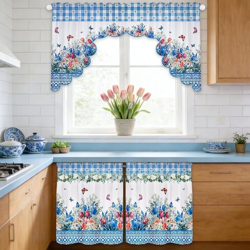 Floral Window Curtain, 3 Panels Spring Blue Flower Butterfly Window Treatment Drapes Tier with Valance, Short Curtain for Bedroom Living Room Holiday Window Decor, 31.5 x 27.5 Inch in Kuwait