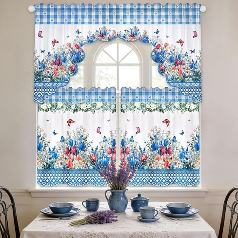 Floral Window Curtain, 3 Panels Spring Blue Flower Butterfly Window Treatment Drapes Tier with Valance, Short Curtain for Bedroom Living Room Holiday Window Decor, 31.5 x 27.5 Inch in Kuwait