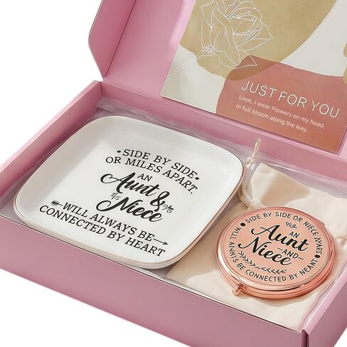 eloi Aunt and Niece Gifts - Jewelry Trinket Dish and Rose Gold Compact Mirror Gift Set, Side by Side or Miles Apart Ring Dish Holder for Auntie, Birthday Gifts for Niece from Aunt with Greeting Card in Saudi Arabia