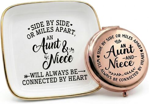 eloi Aunt and Niece Gifts - Jewelry Trinket Dish and Rose Gold Compact Mirror Gift Set, Side by Side or Miles Apart Ring Dish Holder for Auntie, Birthday Gifts for Niece from Aunt with Greeting Card in Saudi Arabia