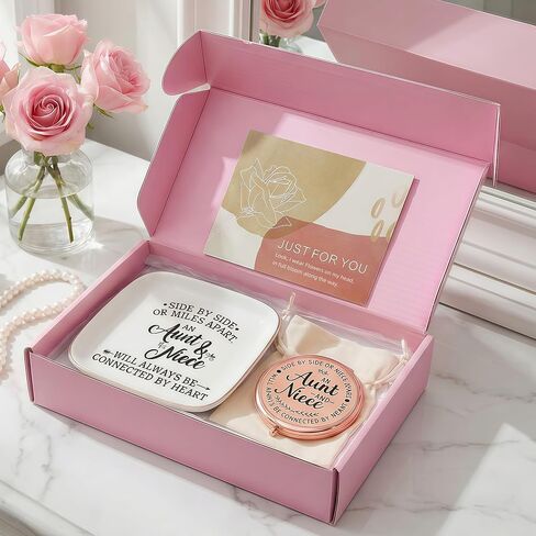eloi Aunt and Niece Gifts - Jewelry Trinket Dish and Rose Gold Compact Mirror Gift Set, Side by Side or Miles Apart Ring Dish Holder for Auntie, Birthday Gifts for Niece from Aunt with Greeting Card in Saudi Arabia