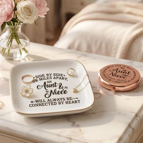 eloi Aunt and Niece Gifts - Jewelry Trinket Dish and Rose Gold Compact Mirror Gift Set, Side by Side or Miles Apart Ring Dish Holder for Auntie, Birthday Gifts for Niece from Aunt with Greeting Card in Saudi Arabia