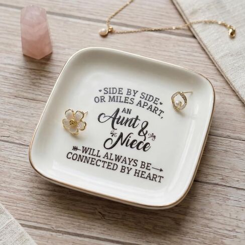 eloi Aunt and Niece Gifts - Jewelry Trinket Dish and Rose Gold Compact Mirror Gift Set, Side by Side or Miles Apart Ring Dish Holder for Auntie, Birthday Gifts for Niece from Aunt with Greeting Card in Saudi Arabia