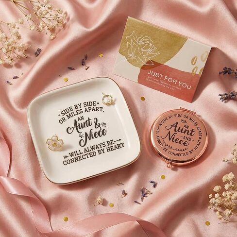 eloi Aunt and Niece Gifts - Jewelry Trinket Dish and Rose Gold Compact Mirror Gift Set, Side by Side or Miles Apart Ring Dish Holder for Auntie, Birthday Gifts for Niece from Aunt with Greeting Card in Saudi Arabia