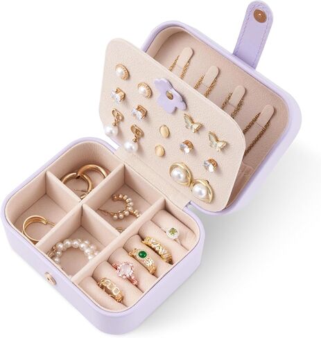 Travel Jewelry Box, PU Leather Small Jewelry Organizer for Women Girls, Portable Mini Travel Case Display Storage Holder for Stud Earrings, Rings, Necklaces, Bracelets (Purple) in Kuwait