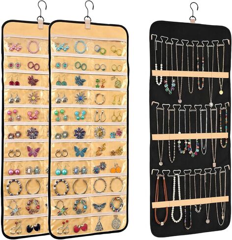 2pcs Double-Sided Hanging Jewelry Organizer for Closet with 48 Pockets & 21 Necklace Hooks Wall Mount Earring Holder Organizers Bracelet Necklace Display Hanger for Women Closet Wall Rings Display in Saudi Arabia