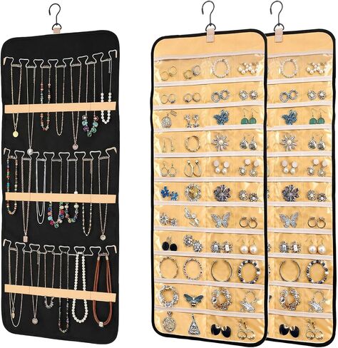 2pcs Double-Sided Hanging Jewelry Organizer for Closet with 48 Pockets & 21 Necklace Hooks Wall Mount Earring Holder Organizers Bracelet Necklace Display Hanger for Women Closet Wall Rings Display in Saudi Arabia