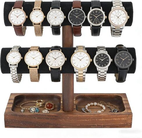 Watch Holder, 2 Layer Wooden Watch Stand for Men, Jewelry Display Stand, Watch Rack Organizer with Velvet Cushion, Bracelet Holder for Nightstand, Brown in Saudi Arabia