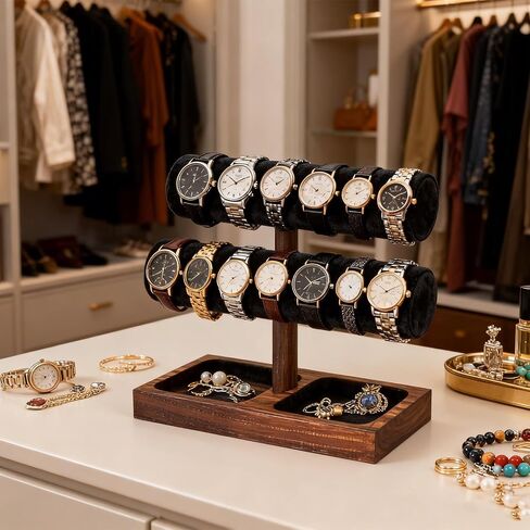 Watch Holder, 2 Layer Wooden Watch Stand for Men, Jewelry Display Stand, Watch Rack Organizer with Velvet Cushion, Bracelet Holder for Nightstand, Brown in Saudi Arabia