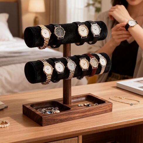 Watch Holder, 2 Layer Wooden Watch Stand for Men, Jewelry Display Stand, Watch Rack Organizer with Velvet Cushion, Bracelet Holder for Nightstand, Brown in Saudi Arabia