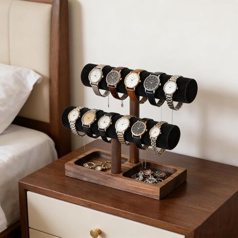 Watch Holder, 2 Layer Wooden Watch Stand for Men, Jewelry Display Stand, Watch Rack Organizer with Velvet Cushion, Bracelet Holder for Nightstand, Brown in Saudi Arabia
