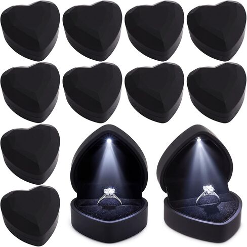 Nosiny 10 Pcs Heart Shaped Ring Box Bulk with LED Light Engagement Ring Necklace Bracelet Chain Display Gift Box Lighted Black Velvet Jewelry Case for Wedding Proposal Anniversary in Kuwait