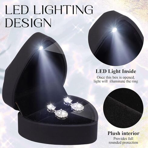 Nosiny 10 Pcs Heart Shaped Ring Box Bulk with LED Light Engagement Ring Necklace Bracelet Chain Display Gift Box Lighted Black Velvet Jewelry Case for Wedding Proposal Anniversary in Kuwait