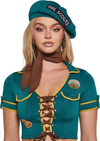 Dolls Kill Women's Scout Girl Costume by Trickz N' Treatz – Halloween Outfit with Lace-Up Top, Shorts, Belt & Beret in Kuwait