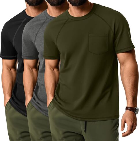 Neer 3 Pack تي شيرت رجالي قصير الأكمام، تي شيرت كاجوال أساسي برقبة دائرية، قمصان صيفية خفيفة الوزن وقمصان صوفية مع جيب in Kuwait
