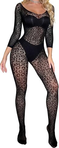 Womens Leopard Fishnet Bodysuit Off Shoulder Bodystocking Full Body Mesh Lingerie Jumpsuit Rave Outfits Party in Saudi Arabia