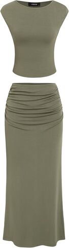 CIDER Summer Outfits For Women Solid Tank Top Ruched Bodycon Maxi Skirt Casual Crew Neck Mid Waist Set in Kuwait