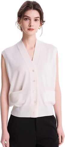 EURKEA Women's V Neck Sleeveless 100% Merino Wool Vest Button Down With Pockets Women's Top All Seasons in Kuwait