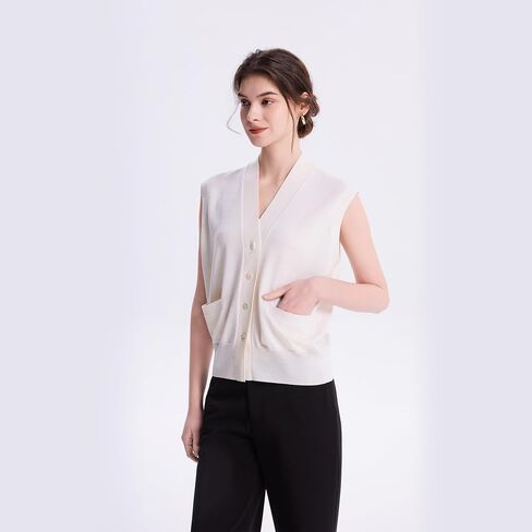 EURKEA Women's V Neck Sleeveless 100% Merino Wool Vest Button Down With Pockets Women's Top All Seasons in Saudi Arabia