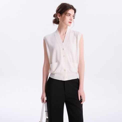 EURKEA Women's V Neck Sleeveless 100% Merino Wool Vest Button Down With Pockets Women's Top All Seasons in Saudi Arabia