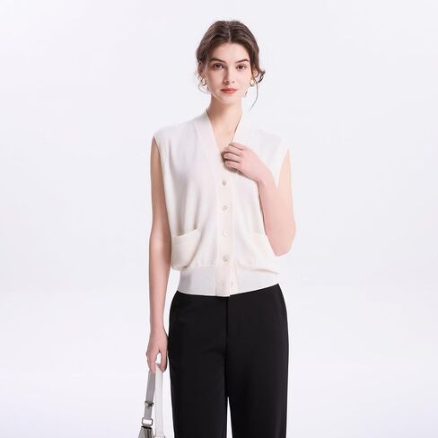 EURKEA Women's V Neck Sleeveless 100% Merino Wool Vest Button Down With Pockets Women's Top All Seasons in Saudi Arabia