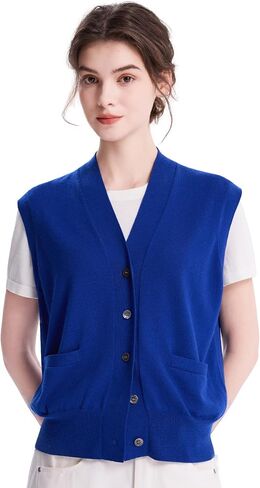 EURKEA Women's V Neck Sleeveless 100% Merino Wool Vest Button Down With Pockets Women's Top All Seasons in Saudi Arabia