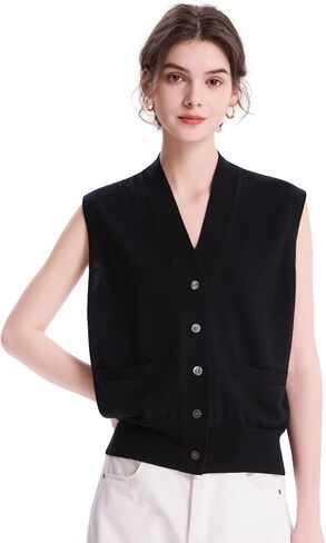 EURKEA Women's V Neck Sleeveless 100% Merino Wool Vest Button Down With Pockets Women's Top All Seasons in Saudi Arabia