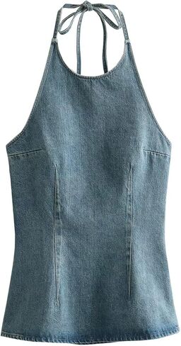 Obenie Womens Sexy Denim Vest Mock Neck Y2k Crop Tops Sleeveless Side Buckle Jean Vest in Saudi Arabia