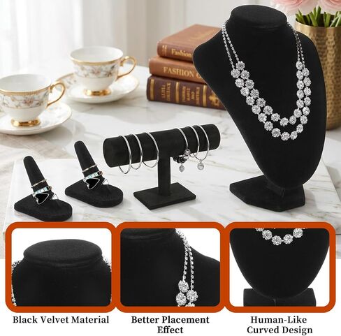 4 Pcs Black Velvet Jewelry Display Set, Velvet Necklace Bust Holder Bracelet Organizer 2 Ring Finger Jewelry Holder For Trade Show Jewelry Showcase Home Decor in Saudi Arabia