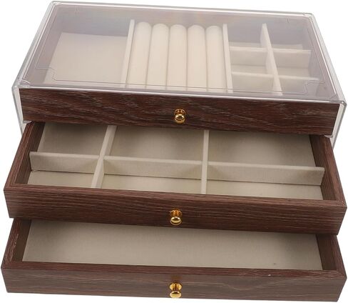 Holibanna Vintage Walnut Wood Jewelry Box with 3 Layer Storage and Drawers Retro Multi-tier Jewelry Organizer Elegant Trinket Box for Necklaces and Rings in Saudi Arabia