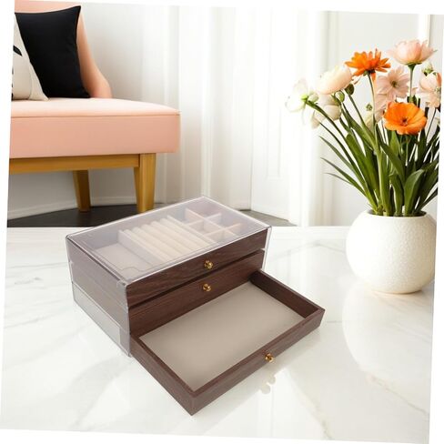 Holibanna Vintage Walnut Wood Jewelry Box with 3 Layer Storage and Drawers Retro Multi-tier Jewelry Organizer Elegant Trinket Box for Necklaces and Rings in Saudi Arabia