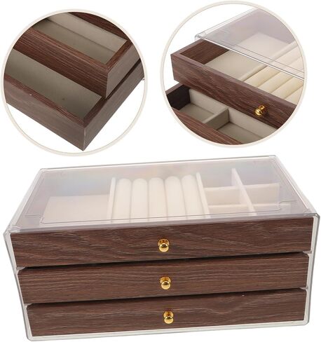 Holibanna Vintage Walnut Wood Jewelry Box with 3 Layer Storage and Drawers Retro Multi-tier Jewelry Organizer Elegant Trinket Box for Necklaces and Rings in Saudi Arabia