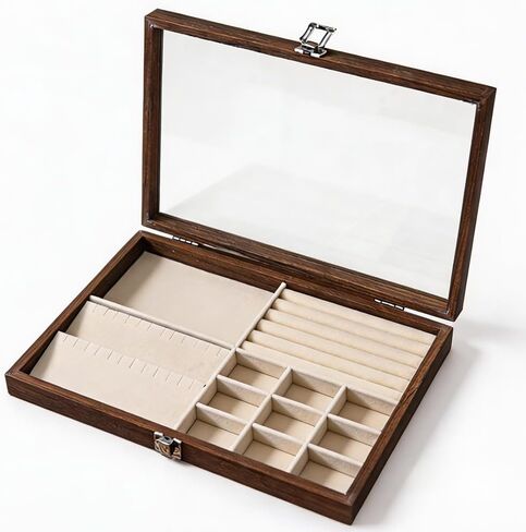 Four-in-one Wooden Jewelry Box, Jewelry Display with Acrylic Lid, Earring Holder Bracelet Ring Storage Box (Wine Red) in Saudi Arabia